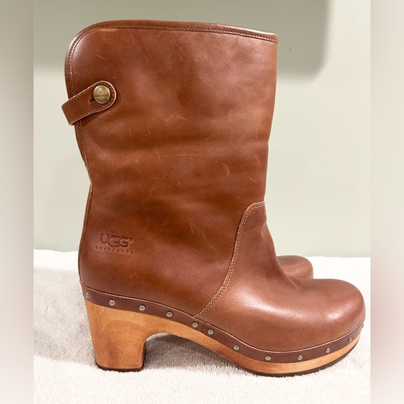 UGG Australia Leather Shearling Clog Boots Wooden Heel Platform Near New Size 8 - Picture 9 of 14